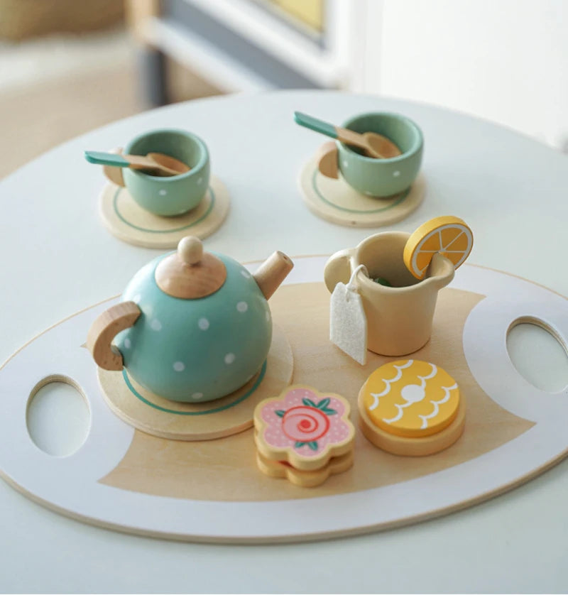 Wooden Afternoon Tea Set Toy Pretend Play Food Learning Role Play Game Early Educational Toys for Toddlers Girls Boys Kids Gifts ALPENZO