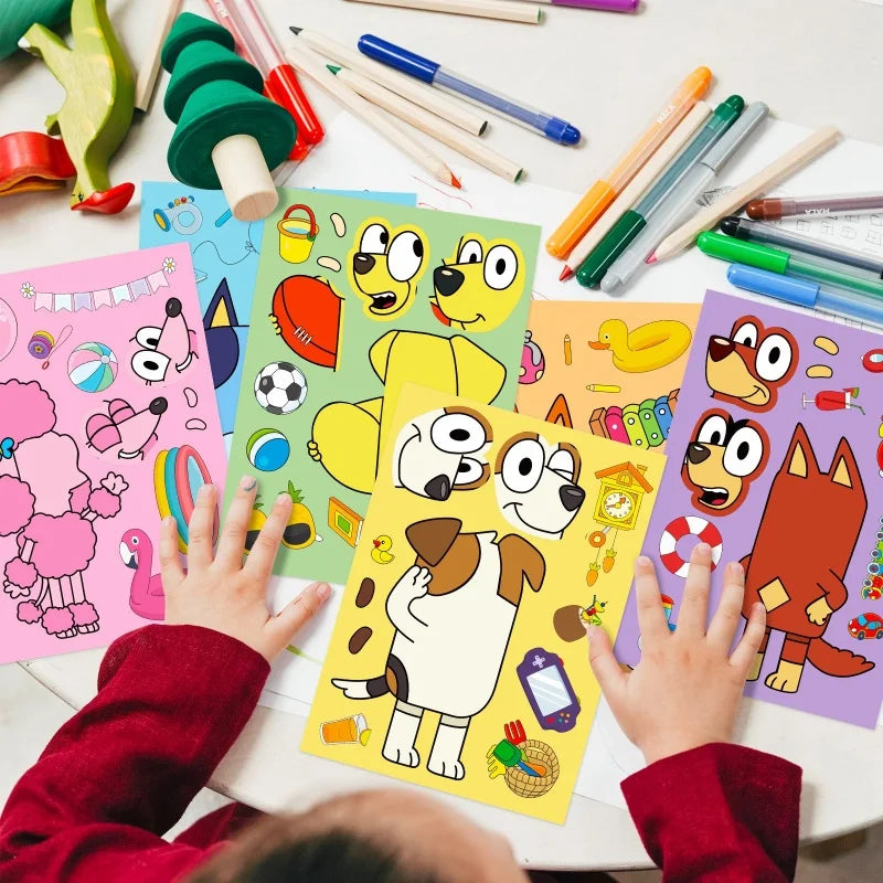 6/12/18Pcs Bluey Anime Cartoon Dog Puzzle Stickers Cute Children DIY Color Puzzle Education Stickers Kids Funny Toys Gift ALPENZO