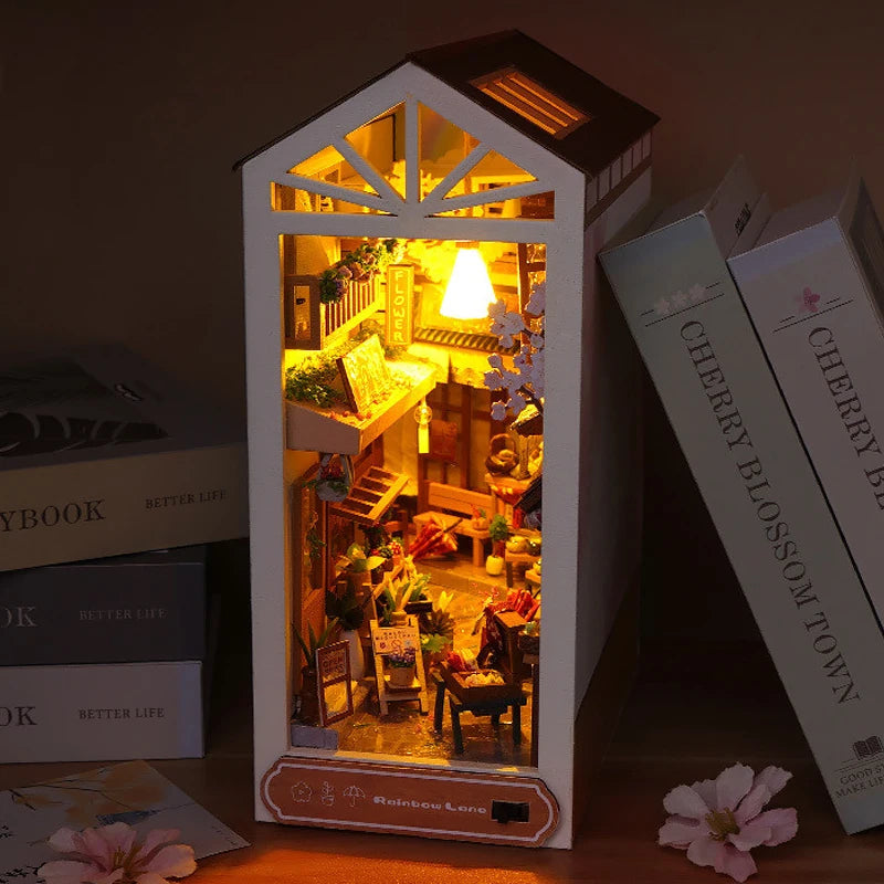 DIY Book Nook Kit Bookend Kit Wooden Doll House Bookshelf Insert Decor With Warm Light 3D Puzzle Assembly Building Model Gifts ALPENZO
