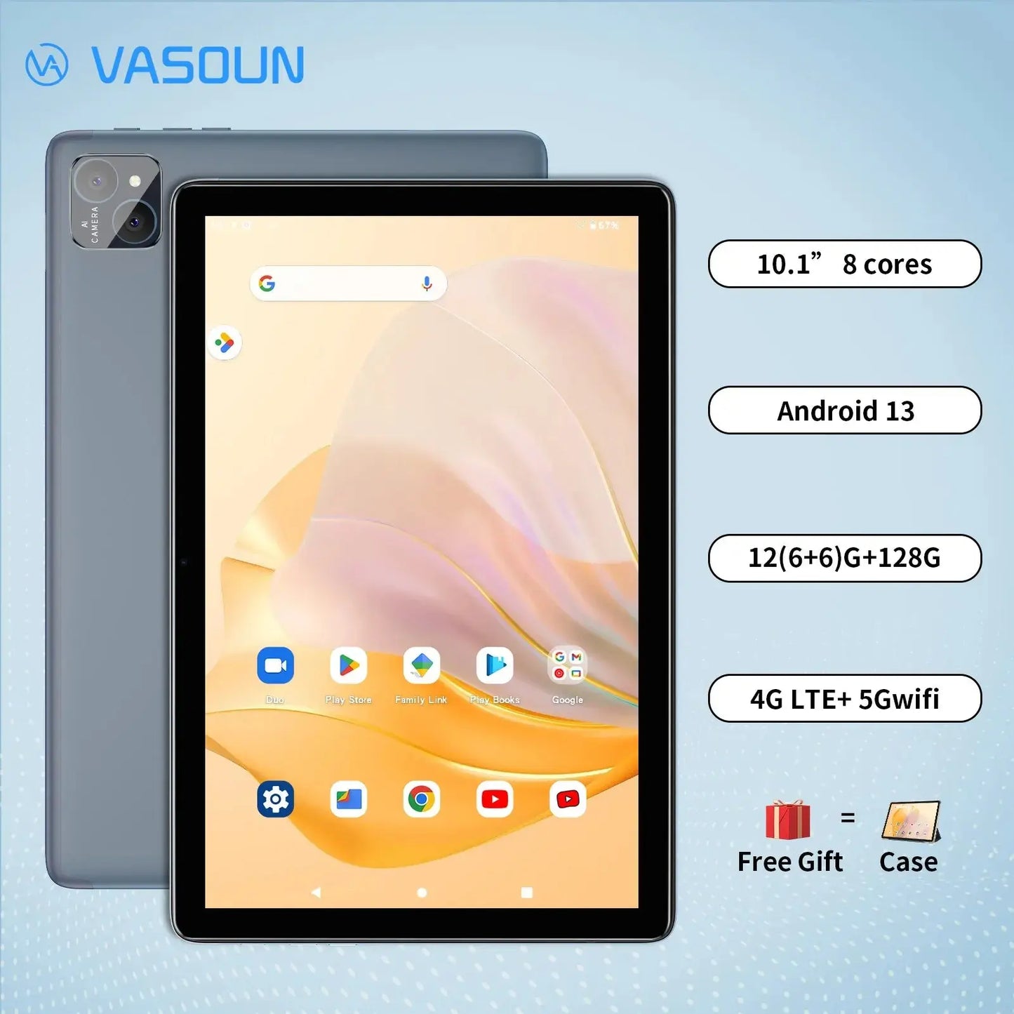 VASOUN Android 14 Tablet 10.1", 12GB(6+6 Expand) RAM, 128GB ROM, Octa Core, Dual SIM 4G Unlocked With 2.4G/5G WiFi GPS - ALPENZO