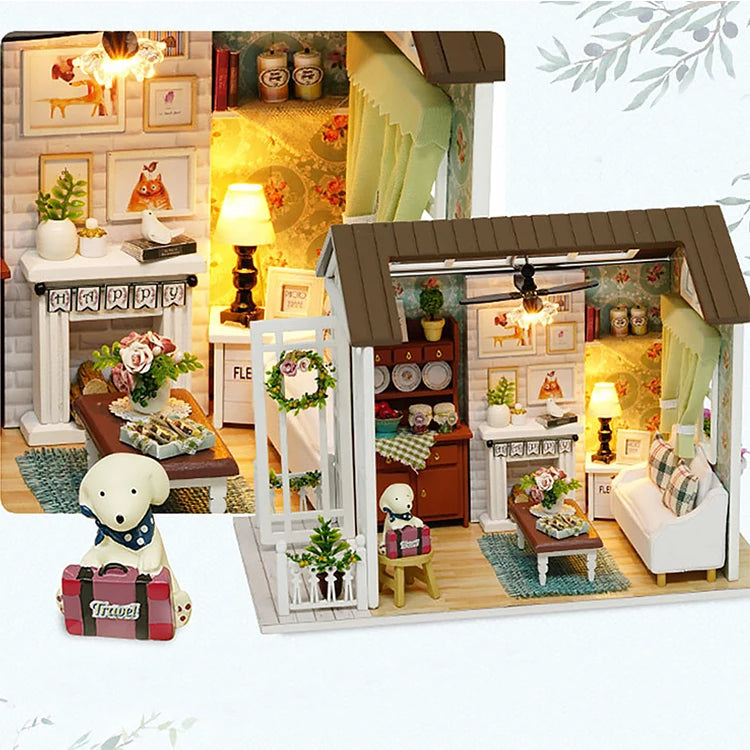 Kitten Mini Wooden Doll House Model Building Kits Toy Home Kit Creative Room Bedroom Decoration with Furniture For Birthday Gift ALPENZO
