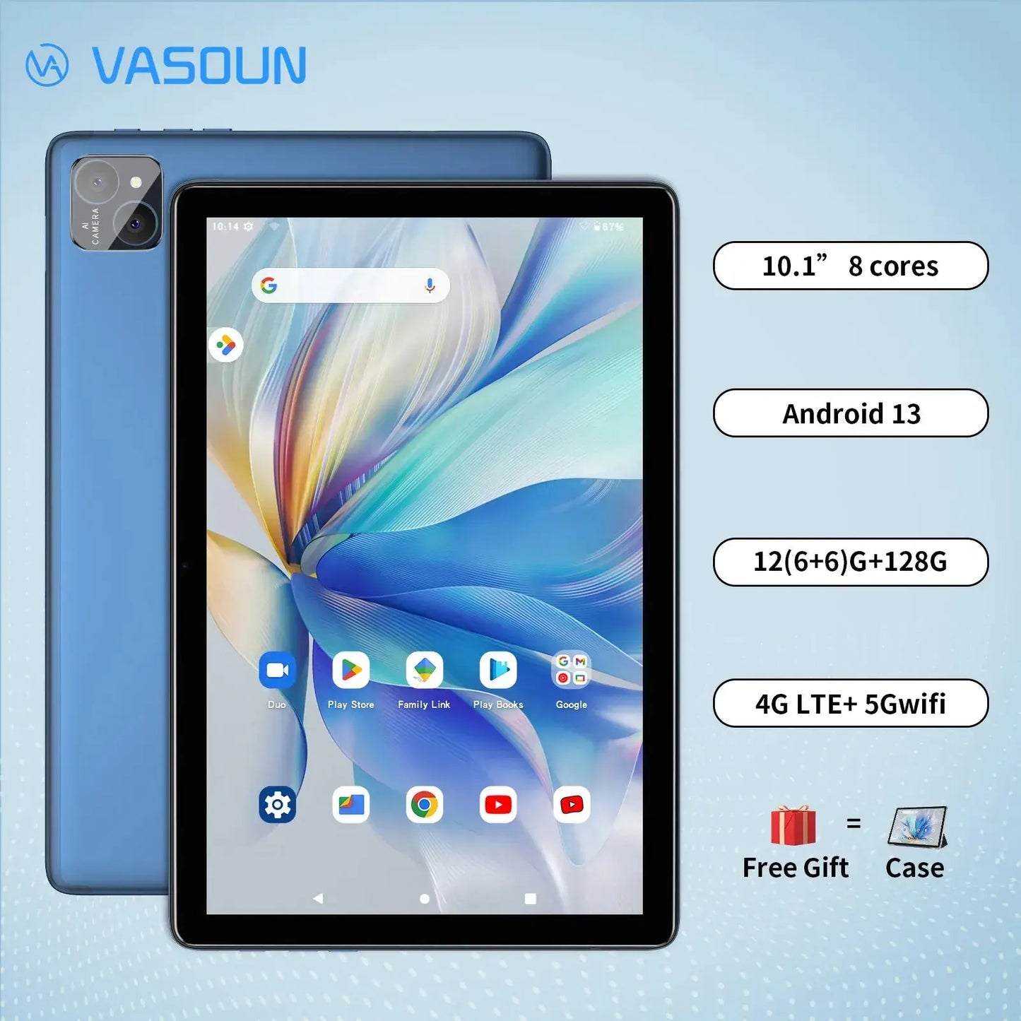 VASOUN Android 14 Tablet 10.1", 12GB(6+6 Expand) RAM, 128GB ROM, Octa Core, Dual SIM 4G Unlocked With 2.4G/5G WiFi GPS - ALPENZO