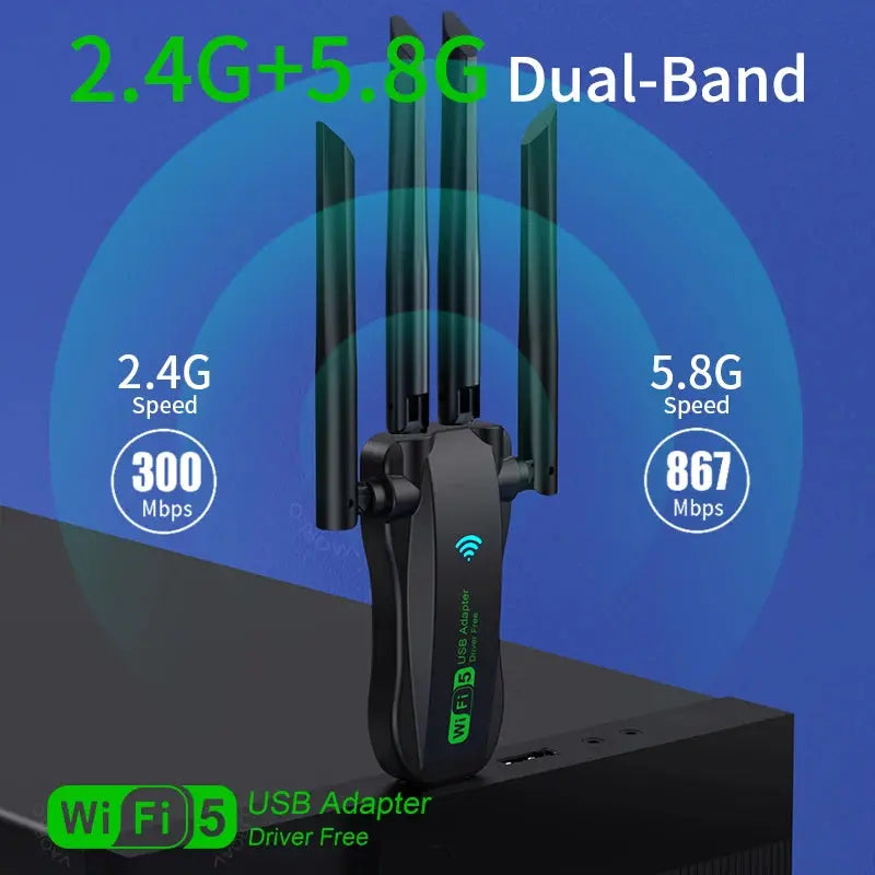 VAORLO 1200Mbps WiFi USB Adapter WiFi5 Dual Band 2.4G+5.8Ghz 4 Antenna Dongle USB3.0 High-Speed Wireless Card Receiver PC/Laptop - ALPENZO
