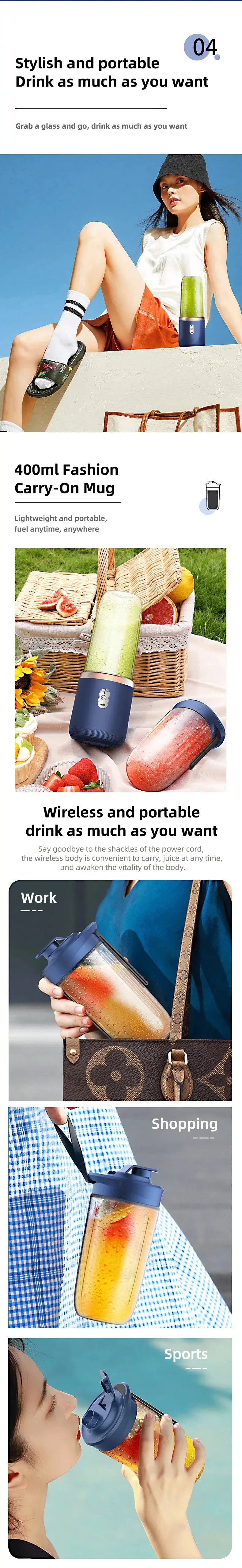 Portable Juicer Blender 400ml Electric Fruit Juicer USB Charging Lemon Orange Fruit Juicing Cup Smoothie Blender Machine 2cups - ALPENZO