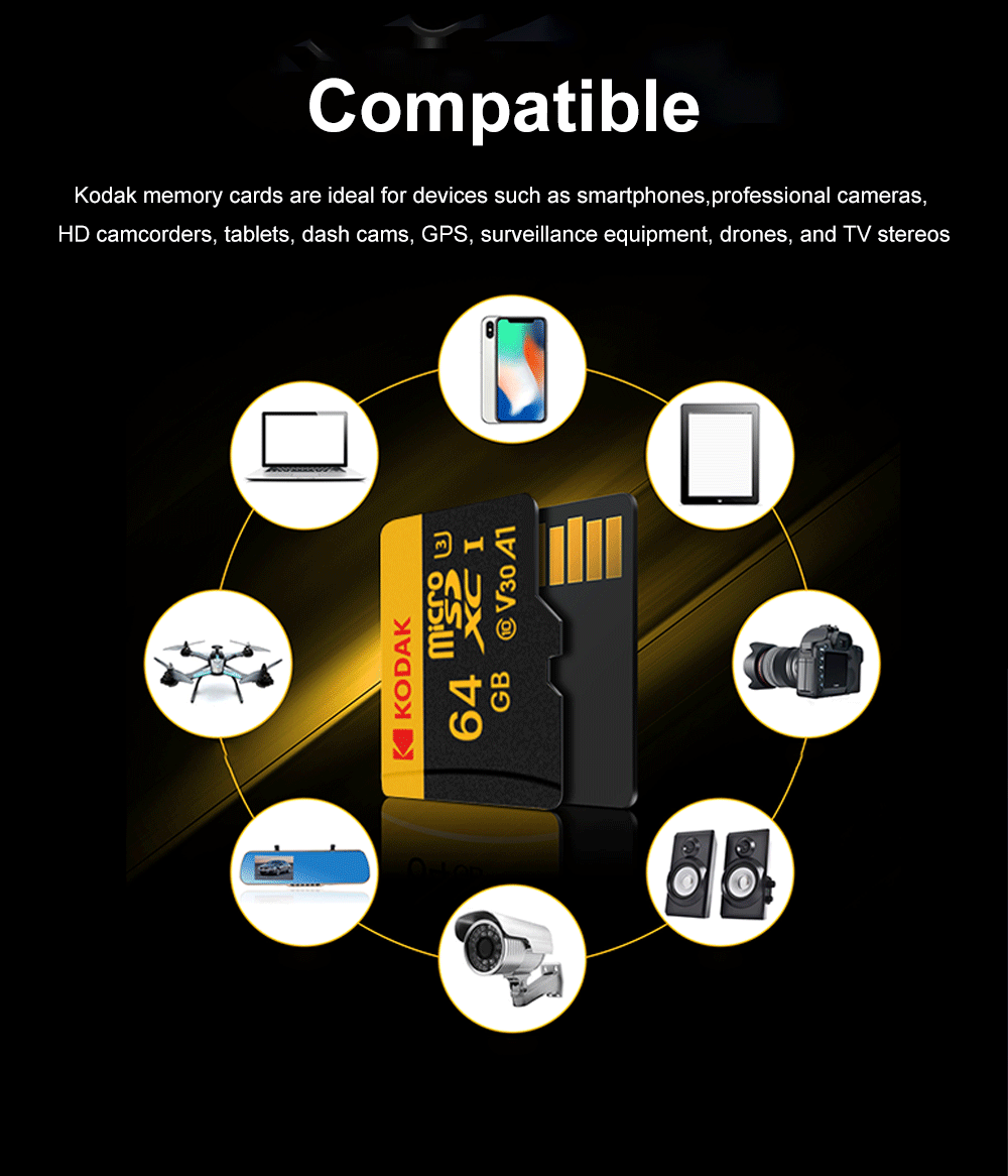 KODAK Micro SD 512GB 256GB Memory Card UP TO 100MB/s C10 U3 32GB 64GB 128GB TF Card 4K HD For USB Card Reader Adapter Microsd - ALPENZO