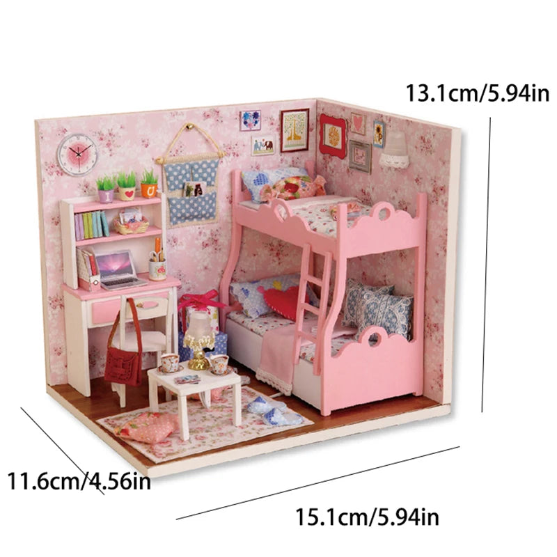 Kitten Mini Wooden Doll House Model Building Kits Toy Home Kit Creative Room Bedroom Decoration with Furniture For Birthday Gift ALPENZO