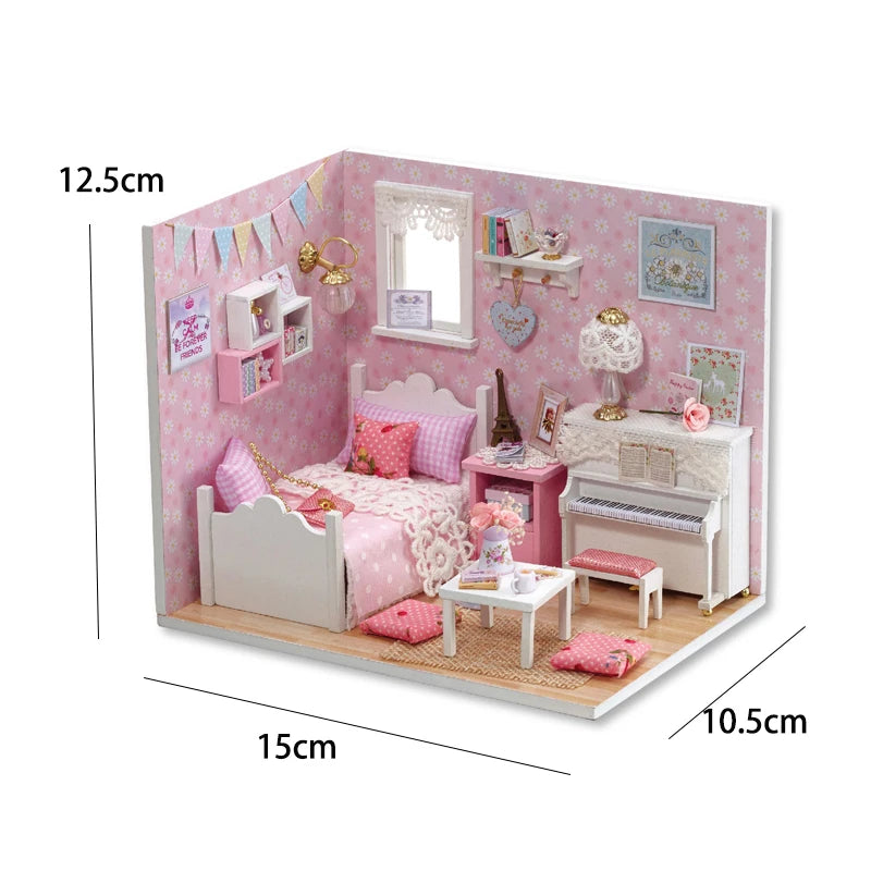 Kitten Mini Wooden Doll House Model Building Kits Toy Home Kit Creative Room Bedroom Decoration with Furniture For Birthday Gift ALPENZO