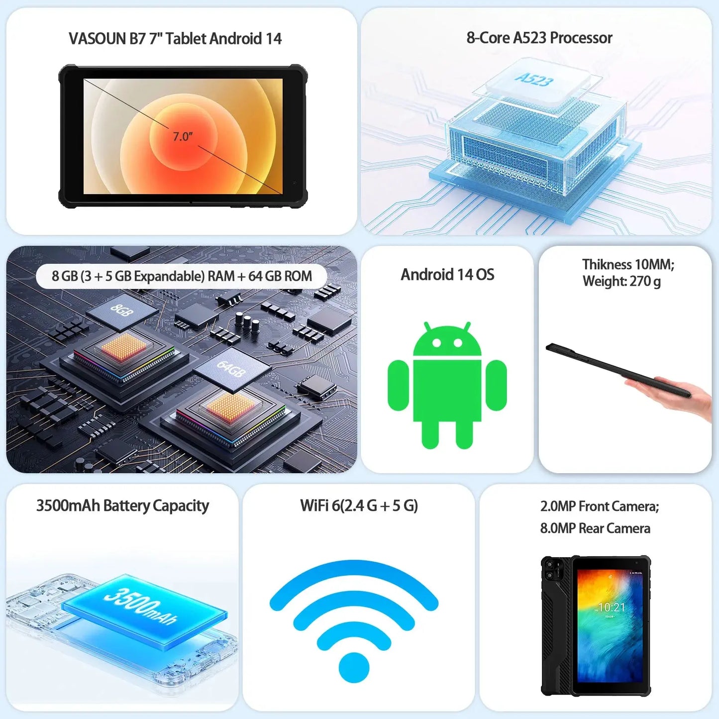 PRITOM Tablet 7" Android 14 Tablets, 8GB RAM(3+5GB Expand) 64GB ROM, A523 Octa-Core Processor, 5G WiFi+WiFi6, Dual Camera,Black - ALPENZO