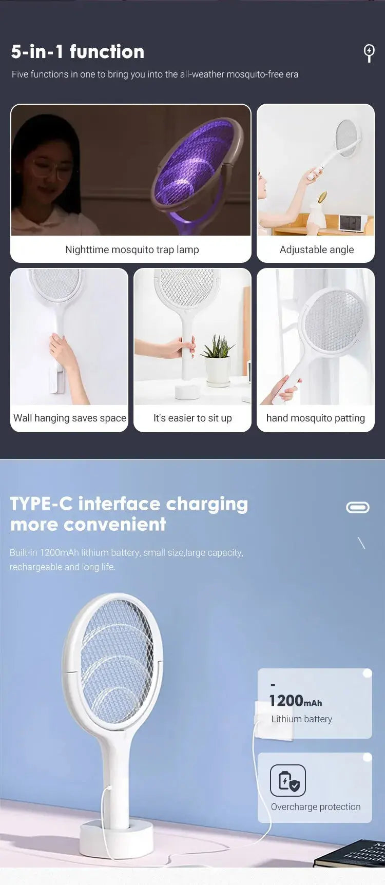 5 In 1 Fast Charging Racket Kill Fly Bug Safety Insulated Battery Powered Lamp ABS Adjustable Electric Mosquito Swatter - ALPENZO