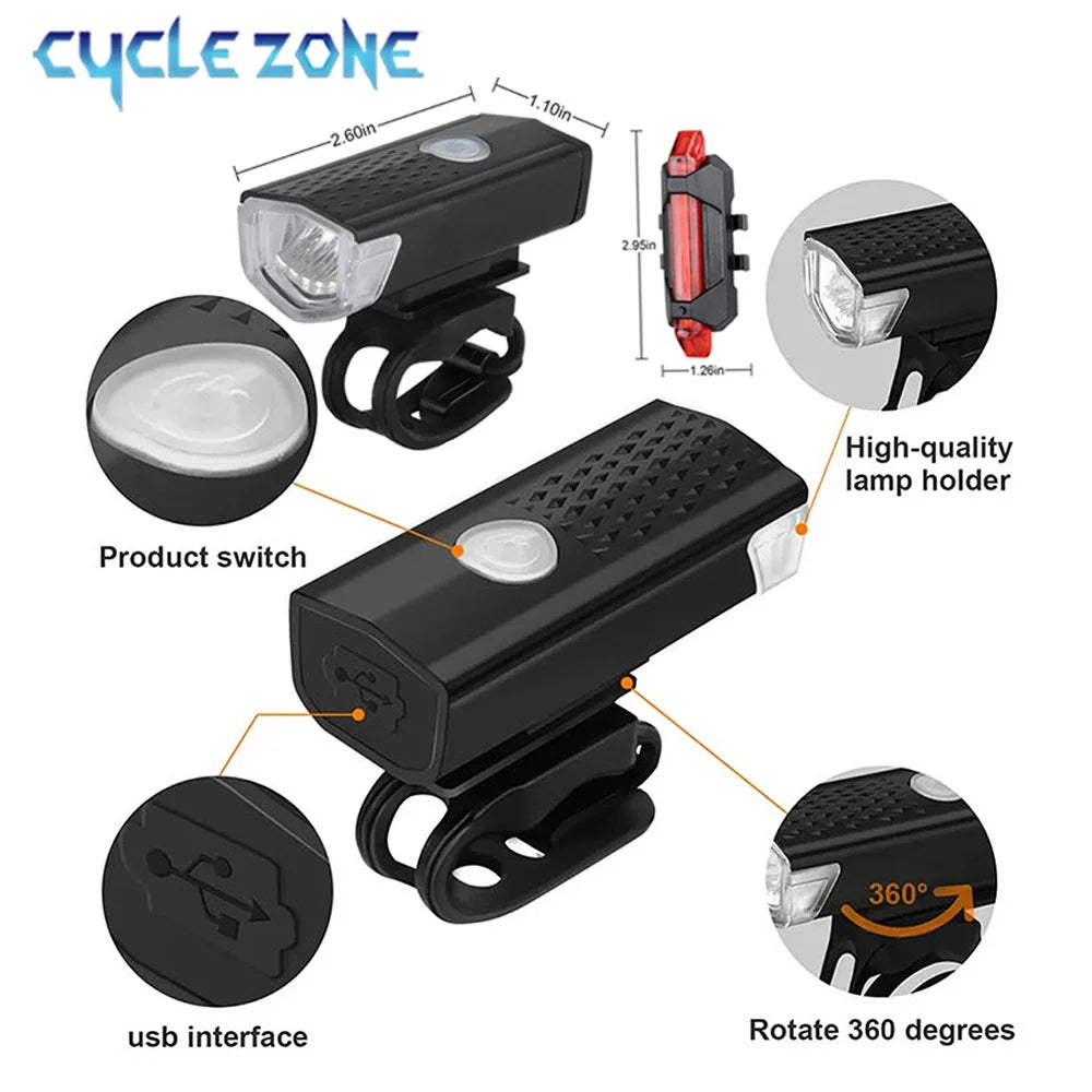 USB Rechargeable Bike Lights Set Bicycle Front Light Rear Lamp Easy to Install 3 Modes Headlight Taillight Cycling Accessories