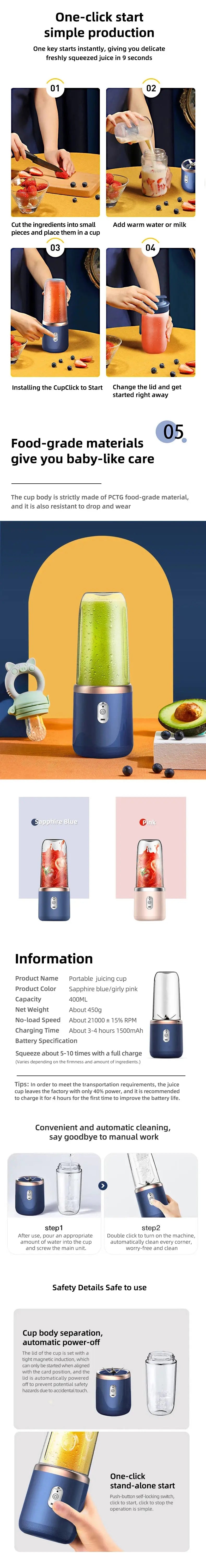 Portable Juicer Blender 400ml Electric Fruit Juicer USB Charging Lemon Orange Fruit Juicing Cup Smoothie Blender Machine 2cups - ALPENZO