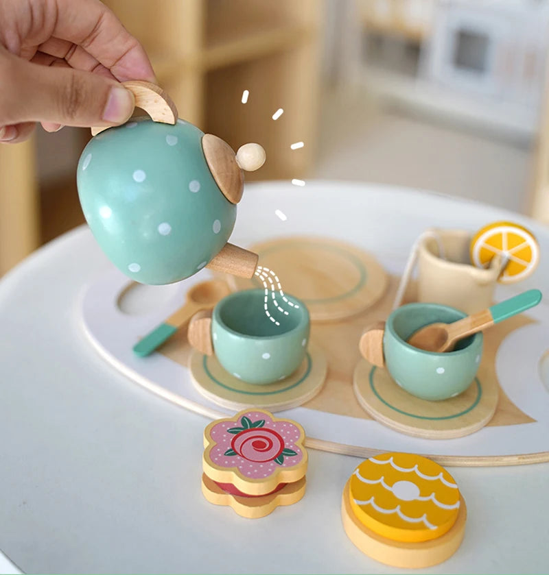 Wooden Afternoon Tea Set Toy Pretend Play Food Learning Role Play Game Early Educational Toys for Toddlers Girls Boys Kids Gifts ALPENZO