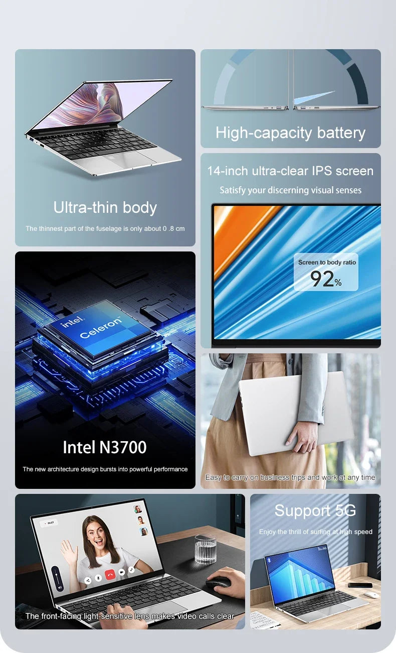 Ultra Slim Laptop 14.1" 16GB RAM 2TB SSD Intel N3700 Notebook Gamer 1920*1080 Display Office Study Computer PC Windows 11 Pro - ALPENZO