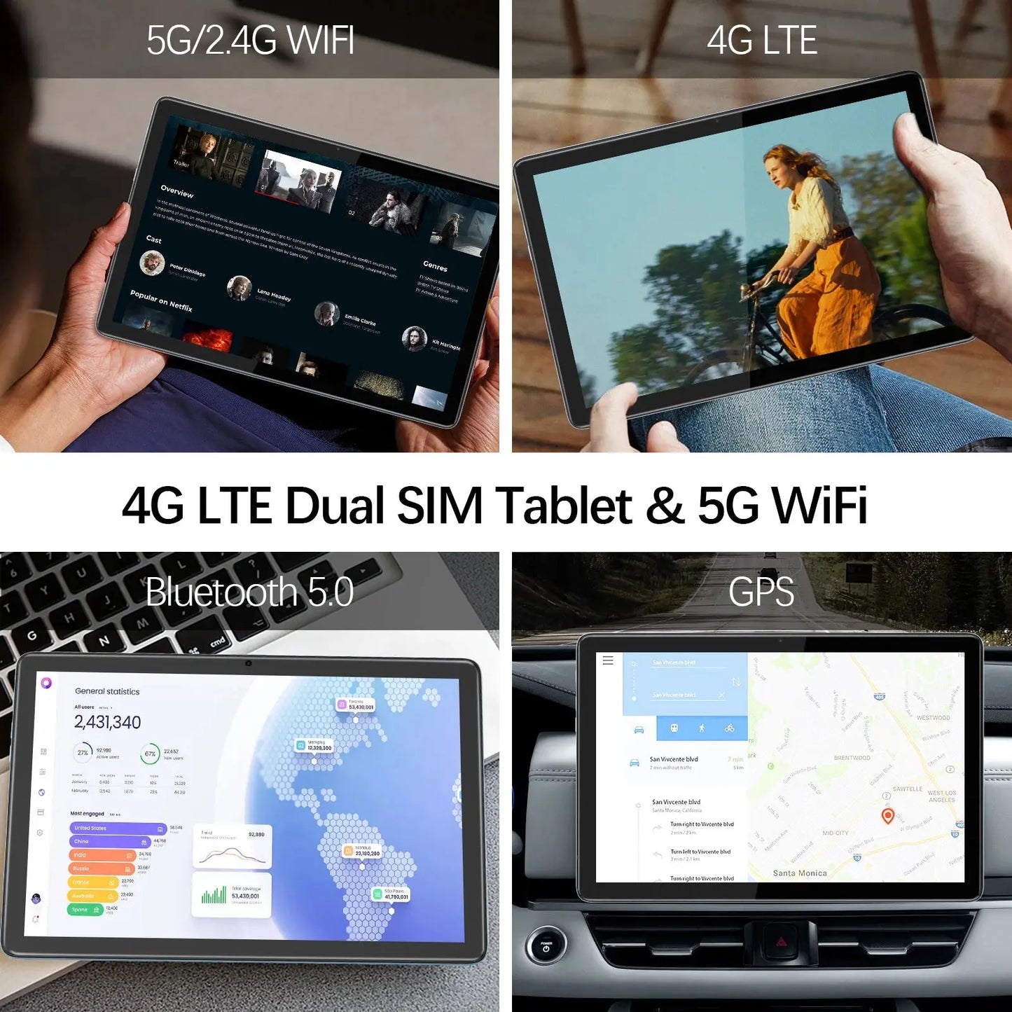VASOUN Android 14 Tablet 10.1", 12GB(6+6 Expand) RAM, 128GB ROM, Octa Core, Dual SIM 4G Unlocked With 2.4G/5G WiFi GPS - ALPENZO
