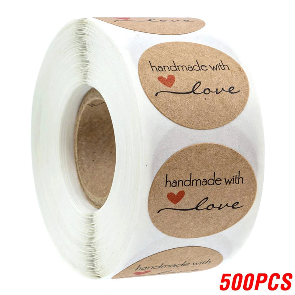 100-500pcs 1inch Vintage Kraft Paper Handmade With Love Stickers for Package Thank You Stationery Adhesive Labels Baking Seals ALPENZO
