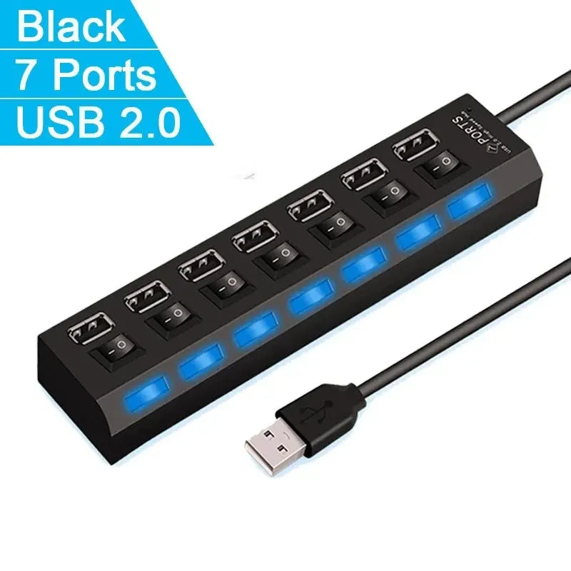 USB 2.0 Hub Multi Port USB Splitter High Speed Hub Use Power Adapter 4/7 Ports Multiple Expander Led Switch Lamp Hub For Laptop - ALPENZO