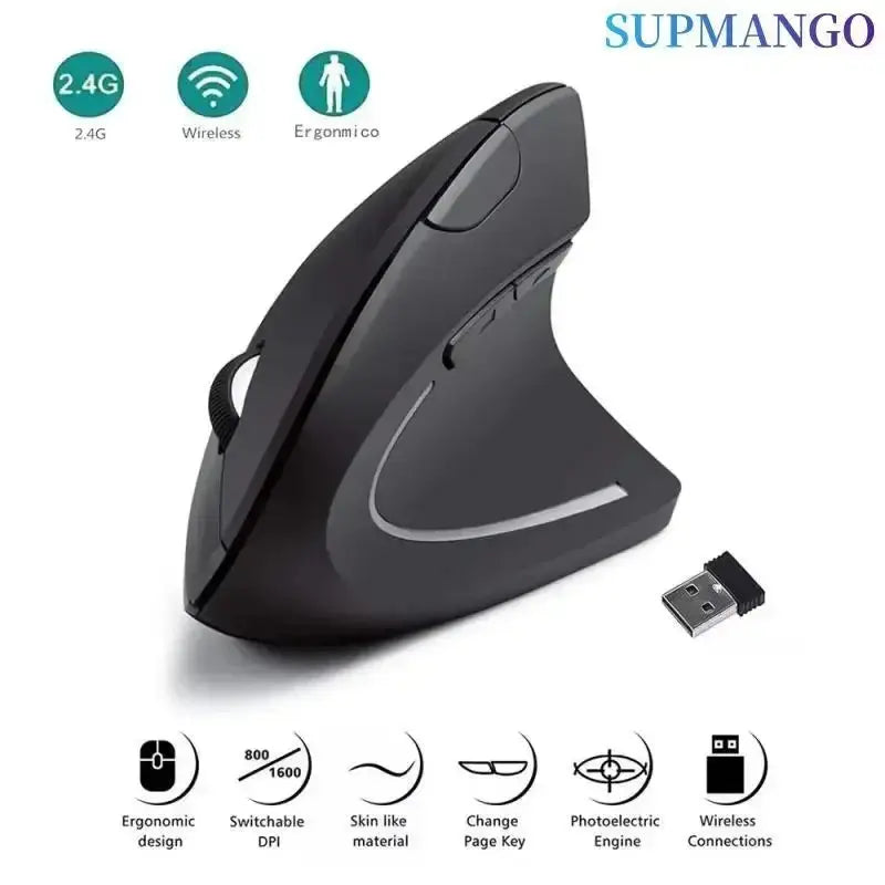 Vertical Mouse Ergonomic 2.4GHz Wireless Optical Mice 3 Adjustable DPI 800/1200/1600 6 Buttons for Laptop PC Computer Desktop - ALPENZO