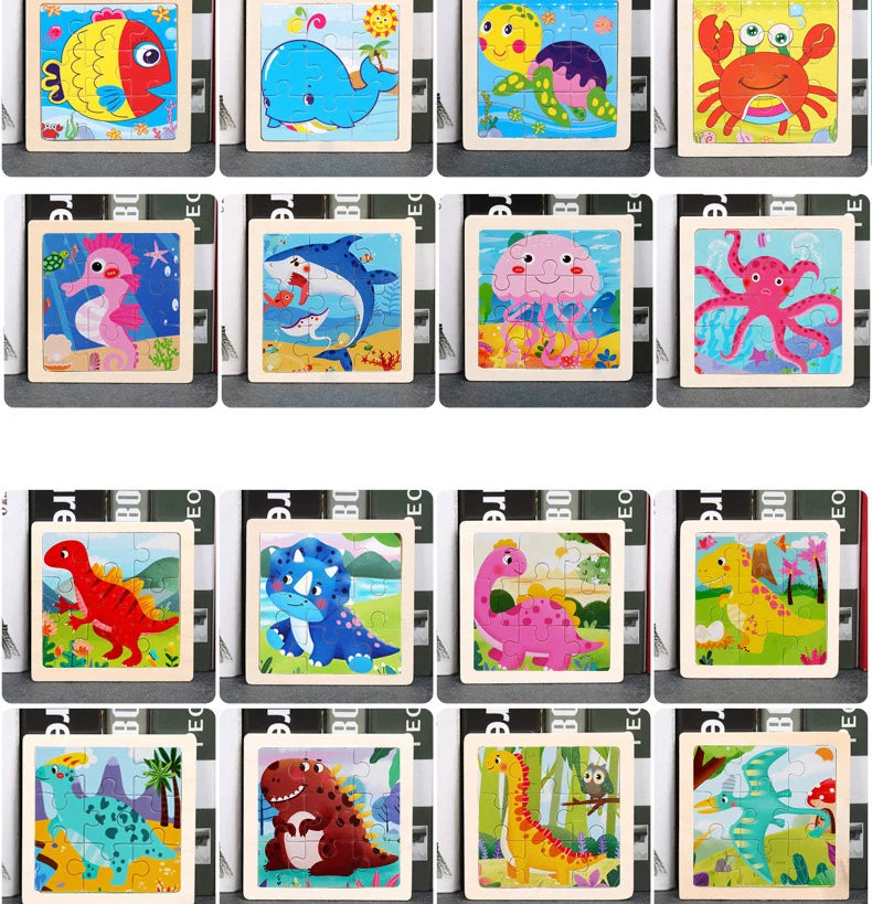 Hot Sale 11X11CM Kids Wooden Puzzle Baby Cartoon Animal Traffic Tangram Wood Puzzle Educational Jigsaw Toys For Children Gifts ALPENZO