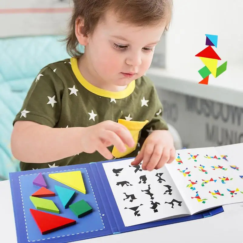 Wooden Jigsaw Magnetic Tangram Puzzle Book Educational Toys For Children Baby Kid Portable Montessori Learning Intelligence ALPENZO