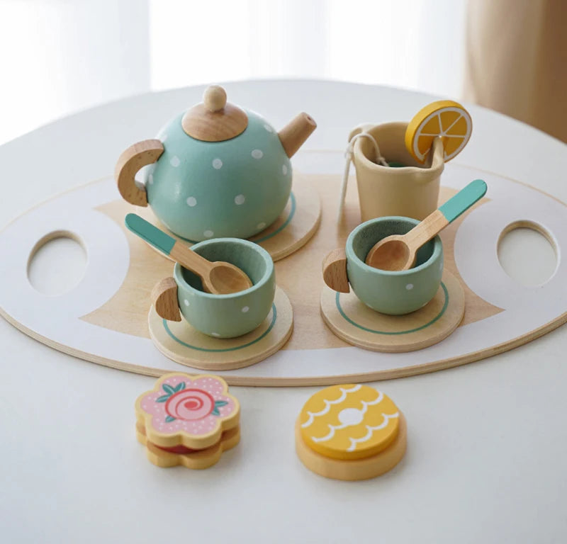 Wooden Afternoon Tea Set Toy Pretend Play Food Learning Role Play Game Early Educational Toys for Toddlers Girls Boys Kids Gifts ALPENZO