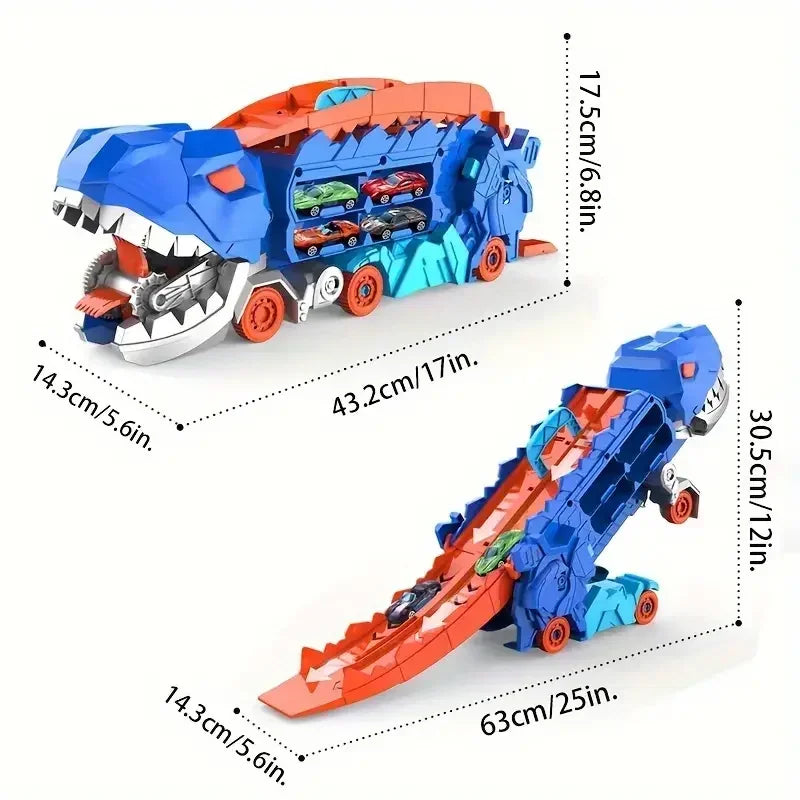 Transport Dinosaur Truck with Foldable Sliding Race Track Transforms into Standing T-rex Best Birthday Gifts Toys Boys Girls ALPENZO