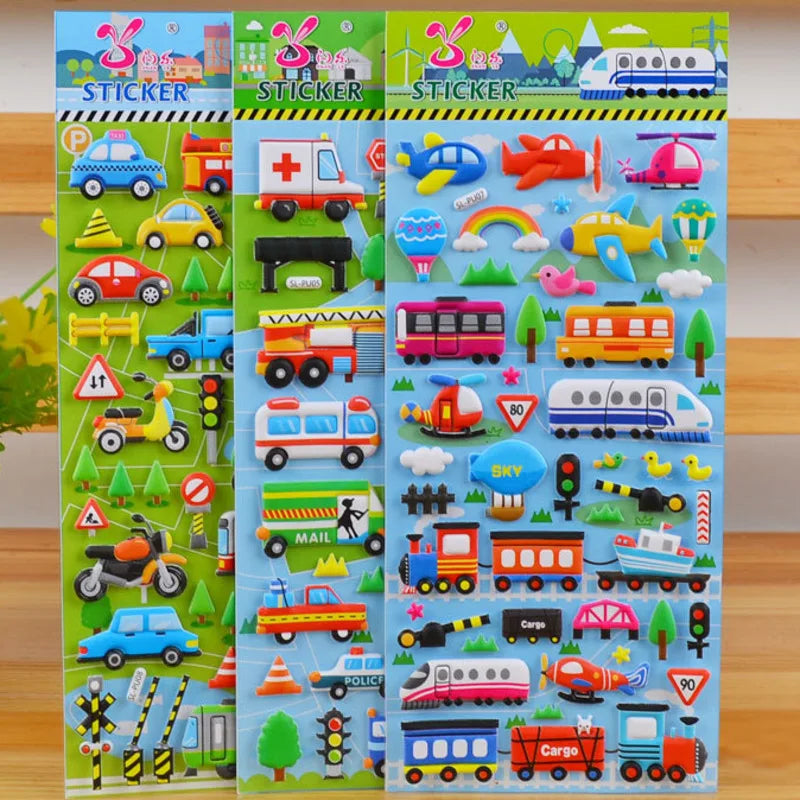 6 Sheets 3D Bubble Sticker Car Truck Plane Traffic Waterproof Cartoon Anime Stickers For Girl Boy Kids Funny Educational Toys ALPENZO