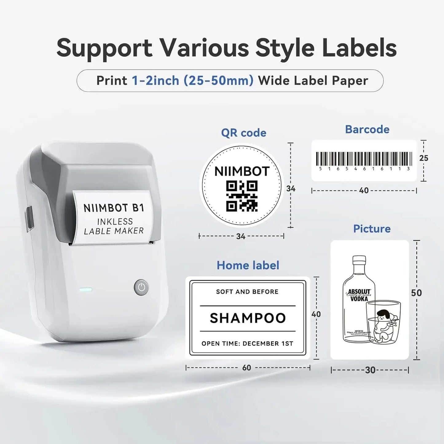 NIIMBOT B1 Portable Thermal Printer With Tapes 2 Inch Adhesive Label Machine Mini Bluetooth Sticker Maker Waterproof Labels Roll - ALPENZO