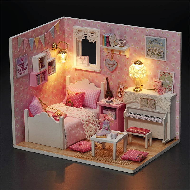 Kitten Mini Wooden Doll House Model Building Kits Toy Home Kit Creative Room Bedroom Decoration with Furniture For Birthday Gift ALPENZO