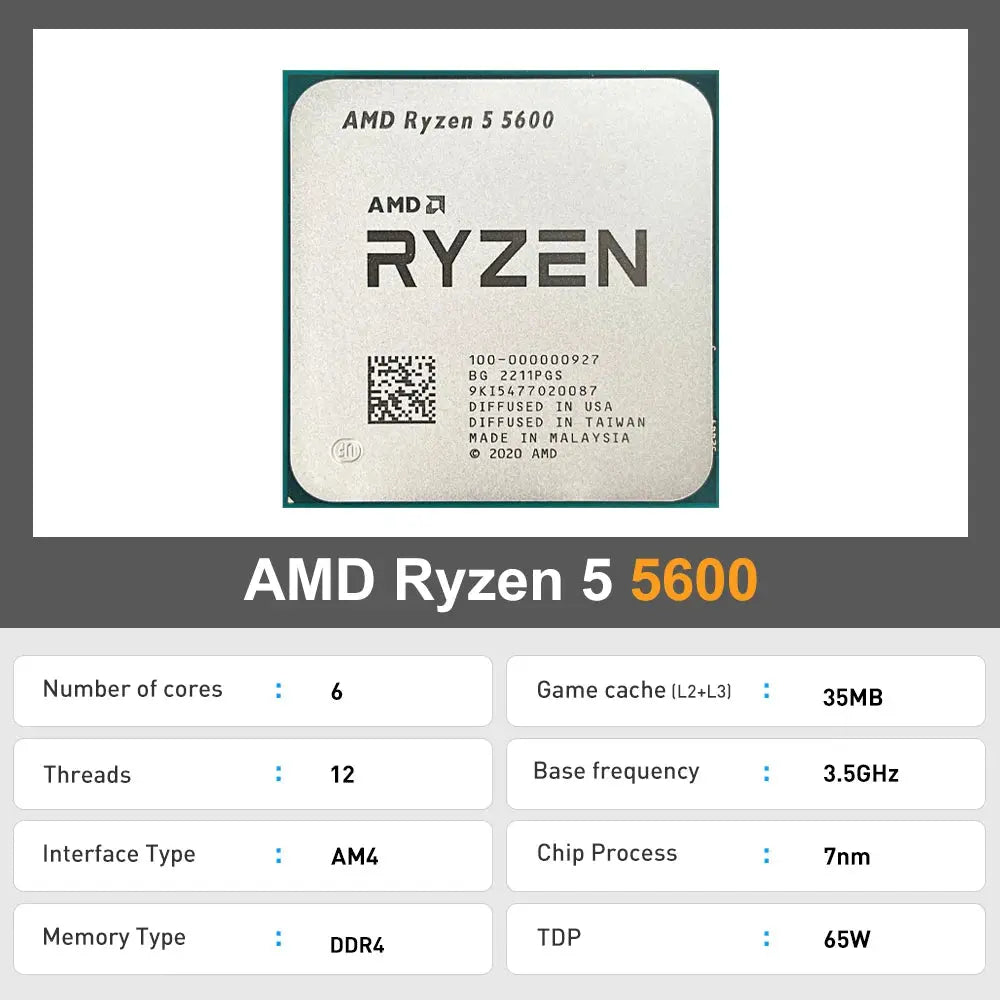 NEW AMD Ryzen 5 5600 R5 5600 3.5 GHz 6-Core 12-Thread CPU Processor 7NM L3=32M 100-000000927 Socket AM4 Graphics Chips Processor - ALPENZO