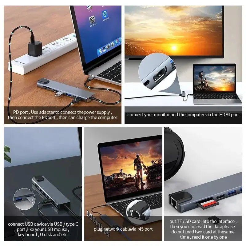 Usb 8 In 1 Type C 3 1 To 4k HdTV Hub Adapter With Sd Tf Rj45 Card Reader Pd Fast Charge For Macbook Notebook Computer - ALPENZO