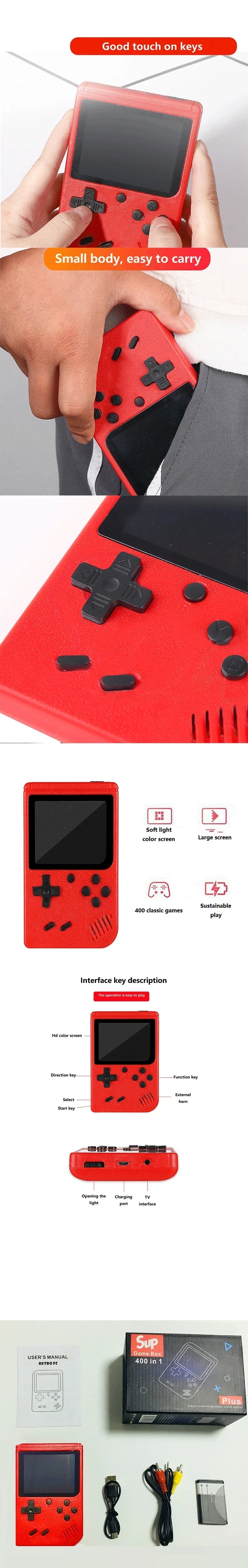 A Red Retro Classic Games Children's Handheld Small Game Console With 400 Game Charging Can Be Connected To The TV ALPENZO