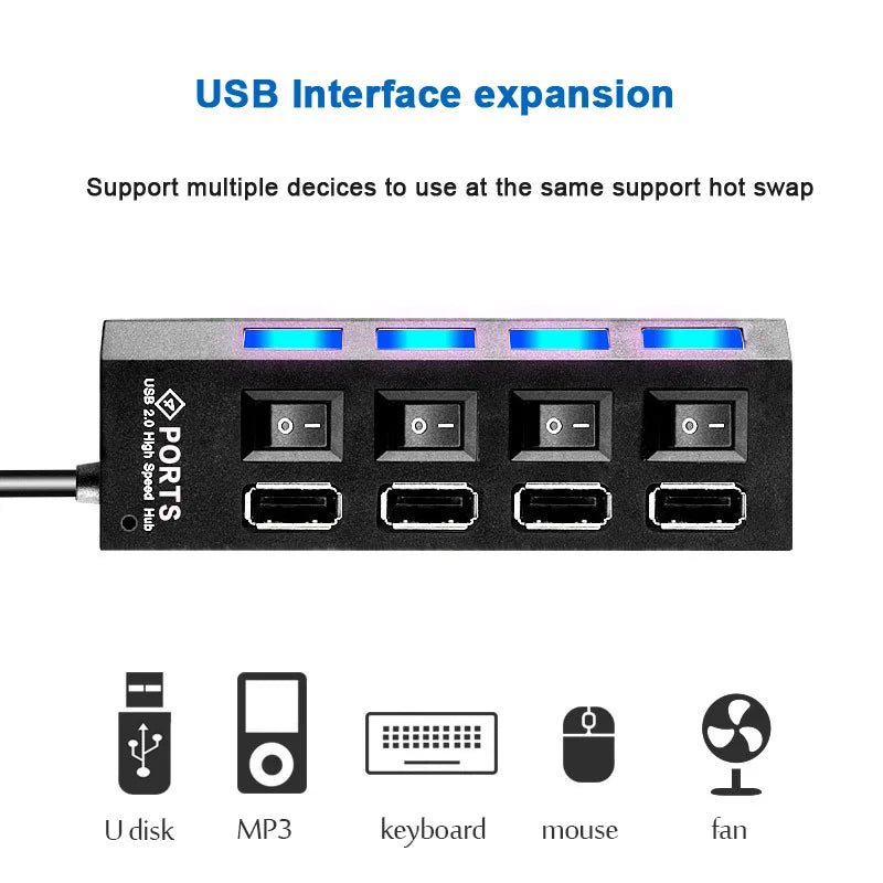 USB HUB USB Switch USB Hub 2.0 Adapter High Speed Multi 7 Ports Hub USB On/Off Switch Portable USB Splitter For Computer Laptop - ALPENZO