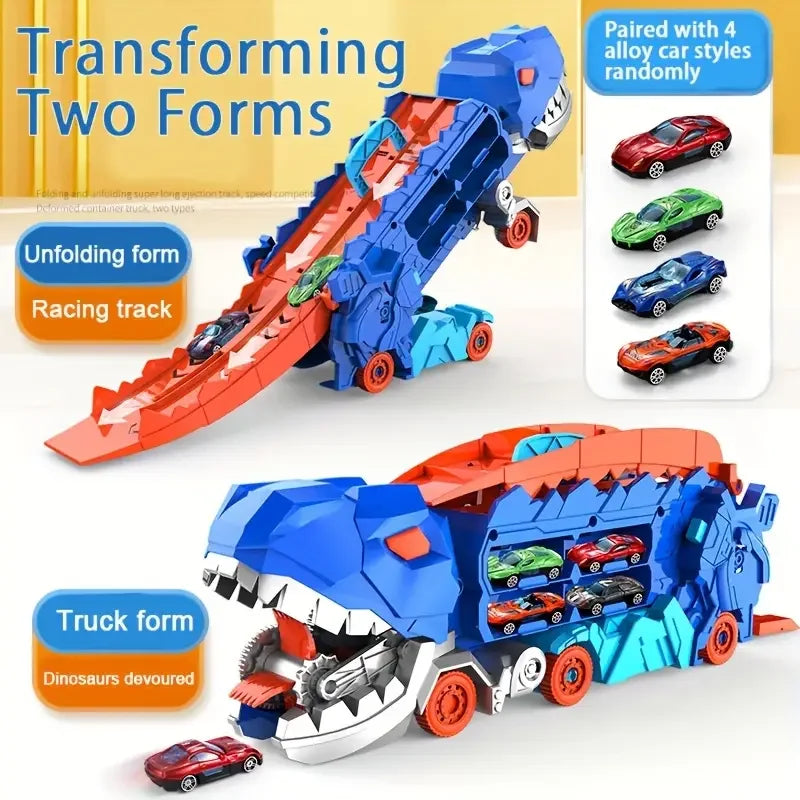 Transport Dinosaur Truck with Foldable Sliding Race Track Transforms into Standing T-rex Best Birthday Gifts Toys Boys Girls ALPENZO