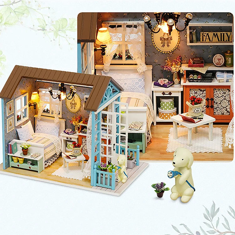 Kitten Mini Wooden Doll House Model Building Kits Toy Home Kit Creative Room Bedroom Decoration with Furniture For Birthday Gift ALPENZO