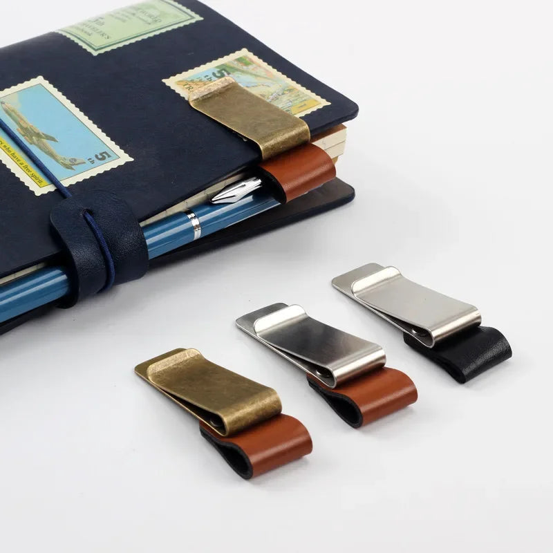 Vintage Brass Notebook Metal Pen Clips PU Leather Pen Holder Loose Leaf Dairy Memo Clip Bookmarks Journal Planner Pencil Holder ALPENZO