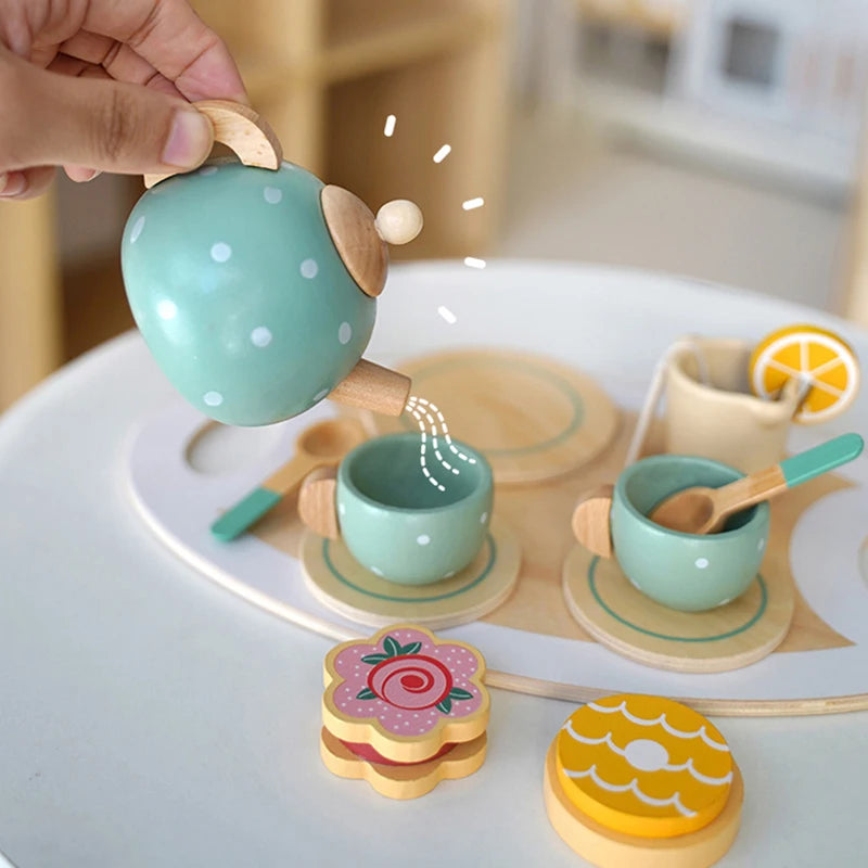 Wooden Afternoon Tea Set Toy Pretend Play Food Learning Role Play Game Early Educational Toys for Toddlers Girls Boys Kids Gifts ALPENZO