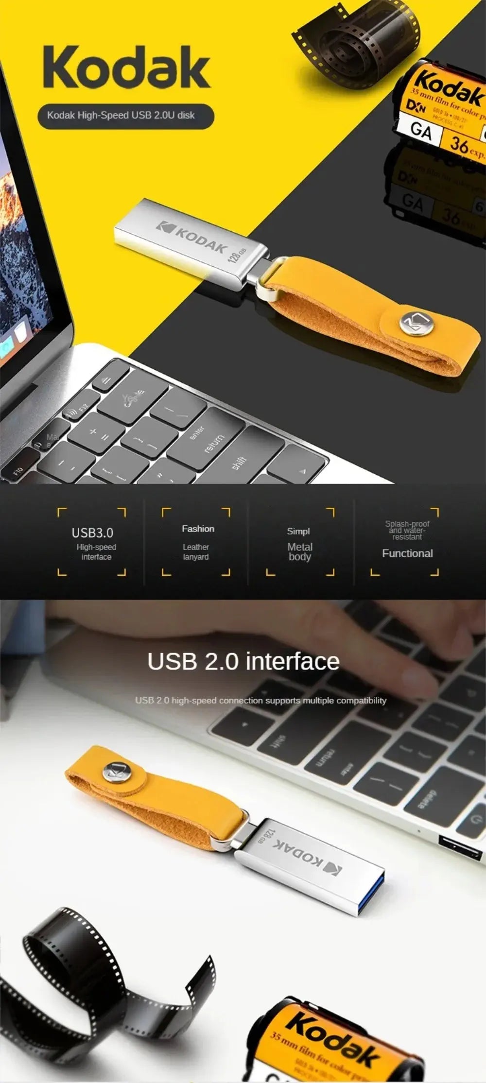 Kodak KODAK K122 USB2.0 mini full metal USB flash drive high speed car 32G-128G computer office USB flash drive - ALPENZO