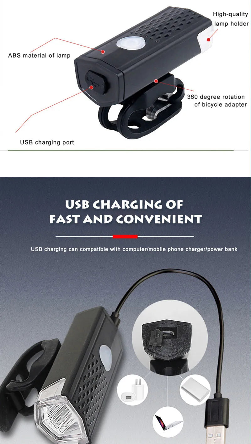 USB Rechargeable Bike Lights Set Bicycle Front Light Rear Lamp Easy to Install 3 Modes Headlight Taillight Cycling Accessories
