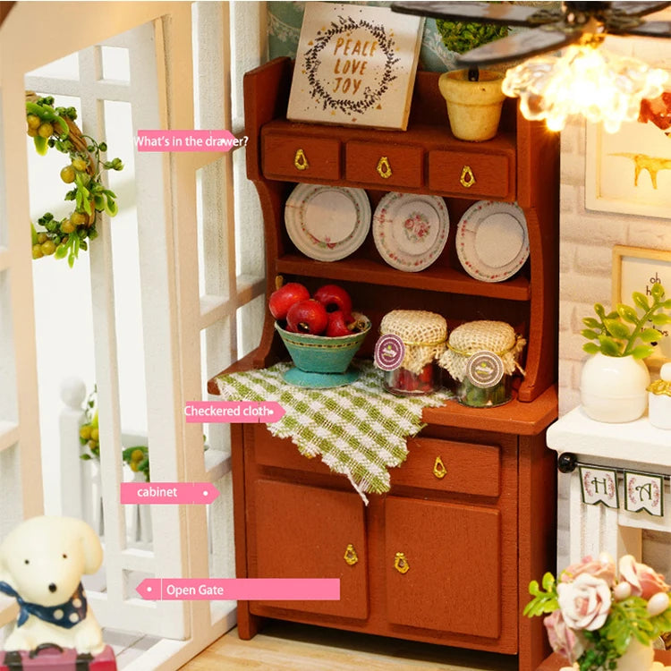 Kitten Mini Wooden Doll House Model Building Kits Toy Home Kit Creative Room Bedroom Decoration with Furniture For Birthday Gift ALPENZO