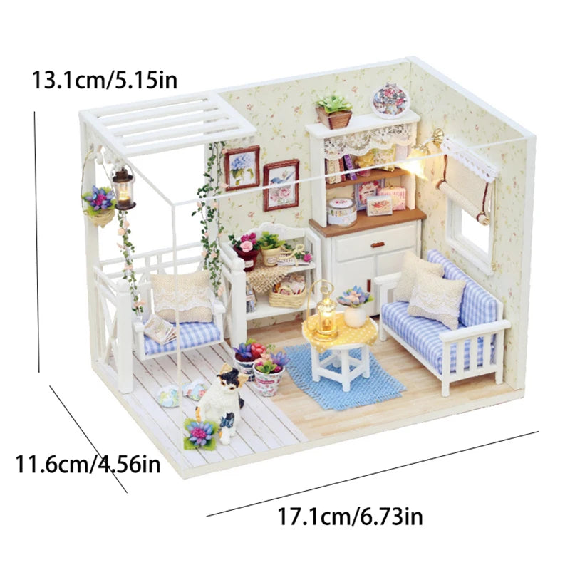 Kitten Mini Wooden Doll House Model Building Kits Toy Home Kit Creative Room Bedroom Decoration with Furniture For Birthday Gift ALPENZO