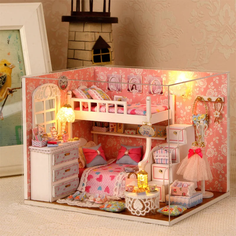 Kitten Mini Wooden Doll House Model Building Kits Toy Home Kit Creative Room Bedroom Decoration with Furniture For Birthday Gift ALPENZO