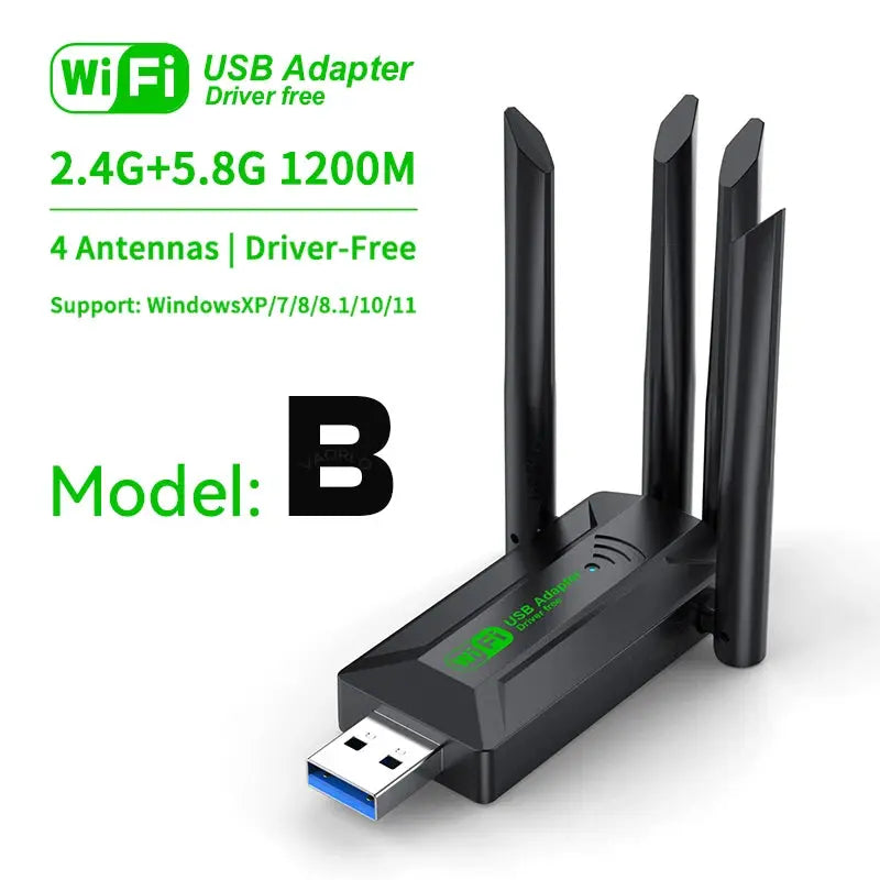 VAORLO 1200Mbps WiFi USB Adapter WiFi5 Dual Band 2.4G+5.8Ghz 4 Antenna Dongle USB3.0 High-Speed Wireless Card Receiver PC/Laptop - ALPENZO