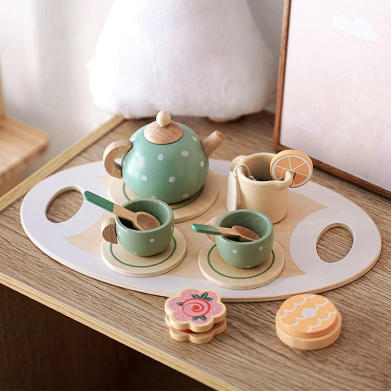 Wooden Afternoon Tea Set Toy Pretend Play Food Learning Role Play Game Early Educational Toys for Toddlers Girls Boys Kids Gifts ALPENZO