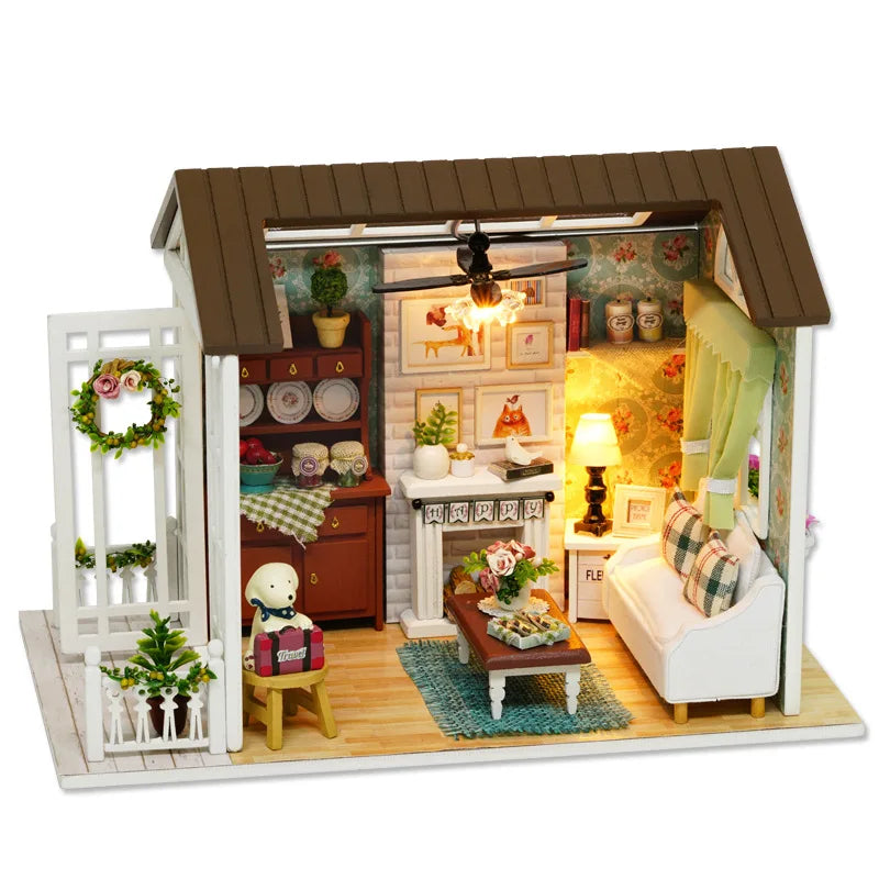Kitten Mini Wooden Doll House Model Building Kits Toy Home Kit Creative Room Bedroom Decoration with Furniture For Birthday Gift ALPENZO