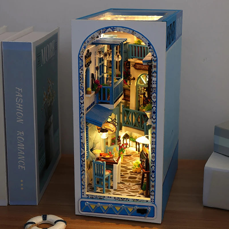 DIY Book Nook Kit Bookend Kit Wooden Doll House Bookshelf Insert Decor With Warm Light 3D Puzzle Assembly Building Model Gifts ALPENZO