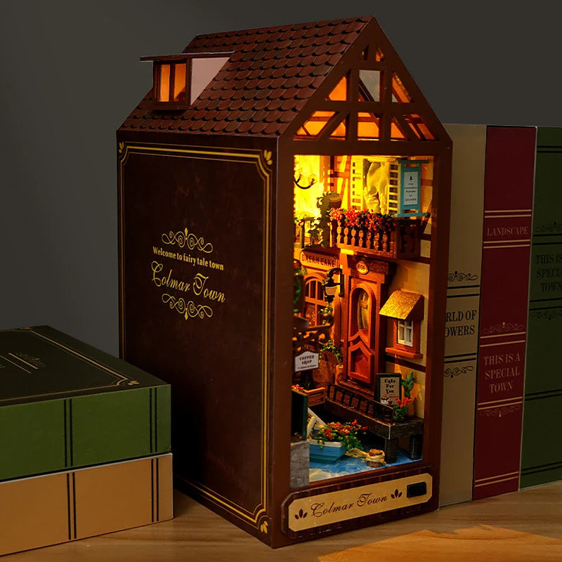 DIY Book Nook Kit Bookend Kit Wooden Doll House Bookshelf Insert Decor With Warm Light 3D Puzzle Assembly Building Model Gifts ALPENZO