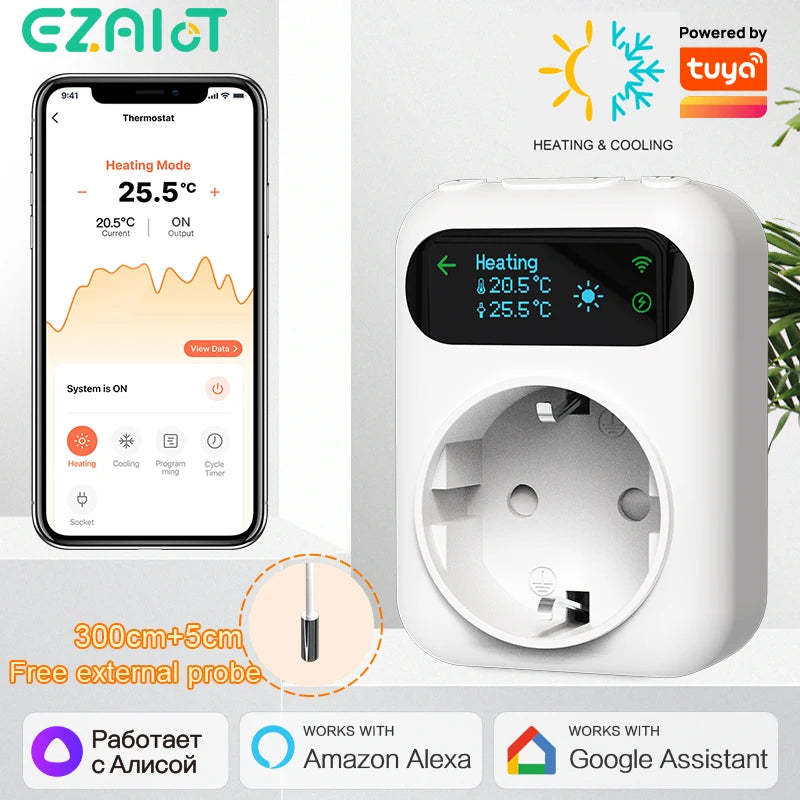 Tuya WIFI Digital Thermostat Socket 16A Outlet Plug Remote Temperature Controller Timer Switch Cooling Heating 3M NTC Sensor - ALPENZO