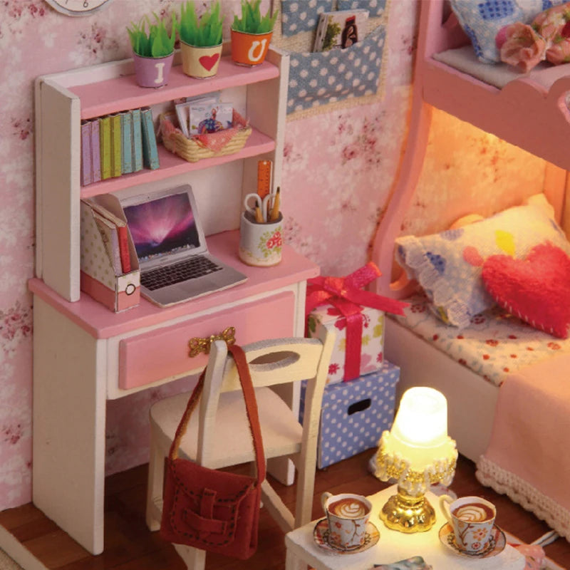 Kitten Mini Wooden Doll House Model Building Kits Toy Home Kit Creative Room Bedroom Decoration with Furniture For Birthday Gift ALPENZO