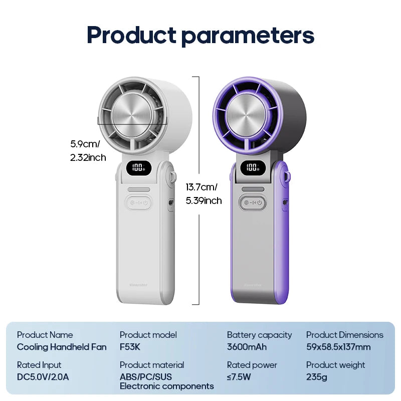 KINSCOTER Outdoor Foldable Portable Handheld Fan Mini Cooling Rechargeable 3600mAh 100-level Free Control High Speed Turbo Fan ALPENZO