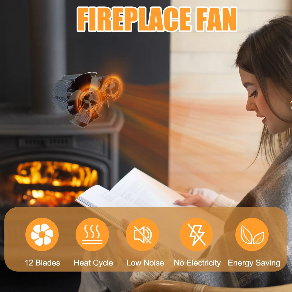 Wood Stove Fan Heat Powered Dual Silent Motors 6 Blades Non-Electric Heat Activated Fireplace Fan with Bracket and Magnetic Ther - ALPENZO